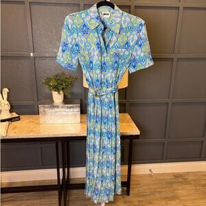Leslie Fay 80's-90's Secretary Midi Pleated Belted Short Sleeve Dress Blue Sz 8